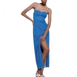 Zara Linen‎ blend polka dot corsetry-inspired dress blue size L